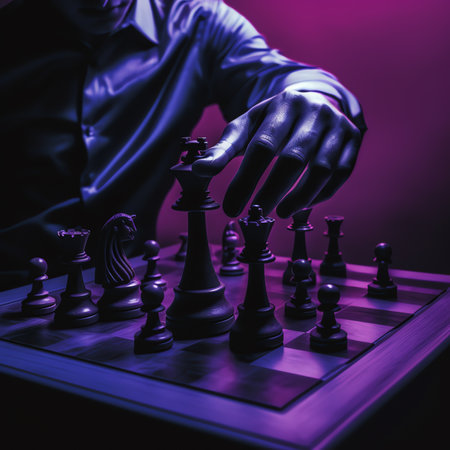 Generative AI : Human hand wearing business suit moving dark King chess piece at table Conceptual of problem solvingの素材