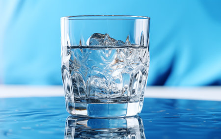 Generative AI : Ice cubes in a glass with crystal clear water on a blue background Refreshing and healthy water on hot daysの素材