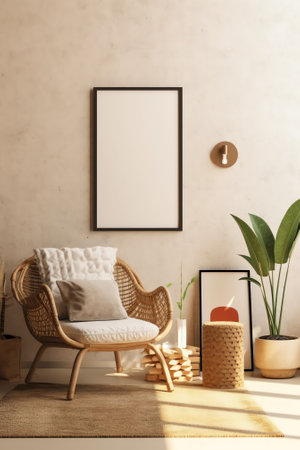 Generative AI : Interior design of harmonized living room with mock up poster frame white boucle armchair wooden coffee tables decoration and personal accessories Cozy home decor Tの素材