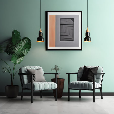Generative AI : Interior design of harmonized living room with blue commode velvet armchair coffee table mock up poster frame side table decoration and personal accessories Creativの素材