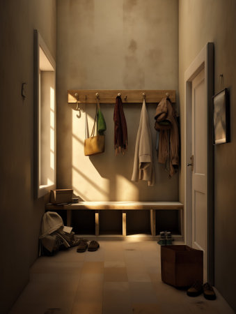 Generative AI : Interior of corridor with drying ropes and hanging while clothes during daytime in old buildingの素材