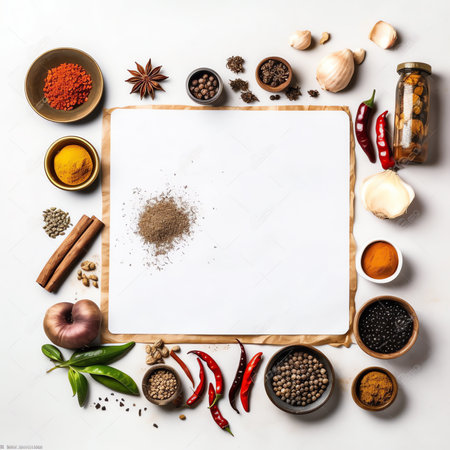 Generative AI : Italian food cooking ingredients Pasta vegetables spices Top view with copy spaceの素材