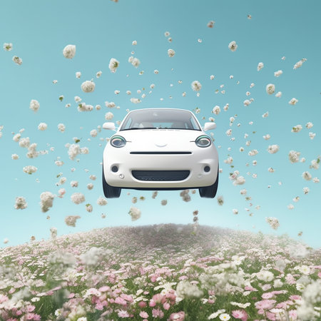 Generative AI : Jasmine bloom A beautifull white flower of Jasmine falling in the air isolated on pink background Levitation or zero gravity concept High resolution imageの素材