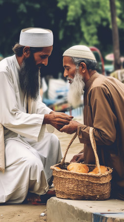 Generative AI : Islamic zakat concept holding alms bag of rice ZAKAT donation for Muslims according to religious principles during the Ramadan monthbackground copy space Zakat to fの素材