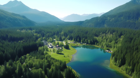 Generative AI : Lake Wenatchee State Park Camping and Recreational Beach Area Overhead Aerial View Washington USAの素材