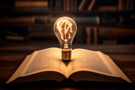 Generative AI : Light bulb and opened vintage book style vintage dark background concept and Stock market or forex trading graph and candlestick chart suitable for financial investの素材