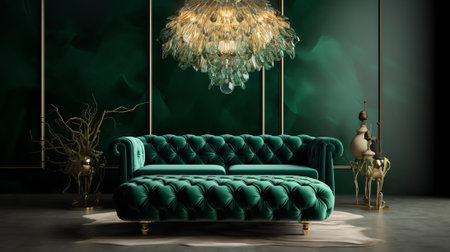 Generative AI : Luxury living room in house with modern interior design green velvet sofa coffee table pouf gold decoration plant lamp carpet mock up poster frame and elegant accesの素材