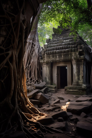 Generative AI : Low angle of wonderful scenery of aged Buddhist temple covered with huge tree roots and located in jungles in Cambodiaの素材