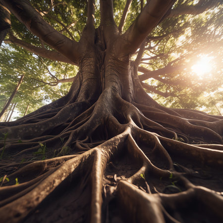 Generative AI : Low angle of wonderful scenery of aged Buddhist temple covered with huge tree roots and located in jungles in Cambodiaの素材