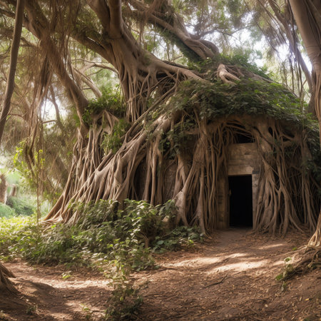 Generative AI : Low angle of wonderful scenery of aged Buddhist temple covered with huge tree roots and located in jungles in Cambodiaの素材