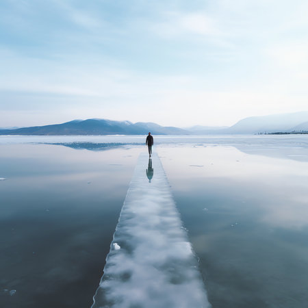 Generative AI : Man tourist walking on the ice of Baikal lake Winter landscape of Baikal lake Siberia Russia Blue transparent cracked ice and the blue skyの素材