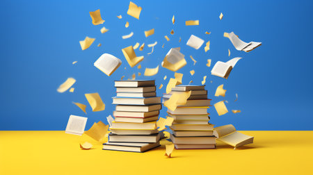 Generative AI : Many flying books as background isolated on whiteの素材