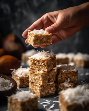 Generative AI : Marshmellow cookies being grabbed by a hand on a white marble surfaceの素材