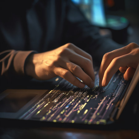 Generative AI : Male hands are typing on a laptop keyboard a man works develops a business studies plays a computer game at night Closeup viewの素材