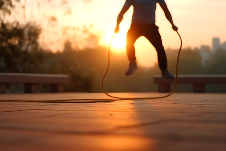 Generative AI : Man jumping rope on bleacher low sectionの素材