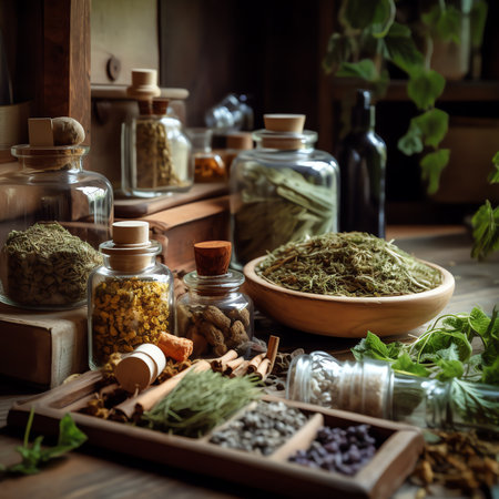 Generative AI : Medicinal herbs and tinctures homeopathy Selective focus Natureの素材