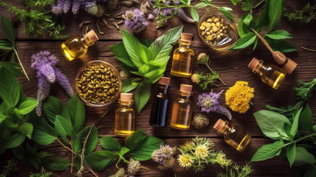 Generative AI : Medicinal herbs and tinctures homeopathy Selective focus Natureの素材