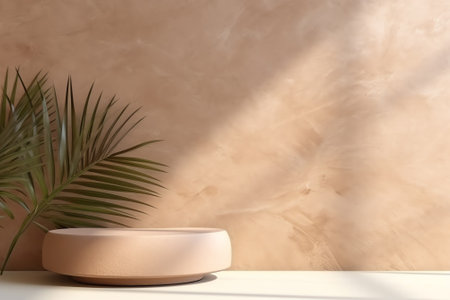 Generative AI : Minimal product placement background with palm shadow on plaster wall Luxury summer architecture interior aesthetic Creative product platform stage mockupの素材