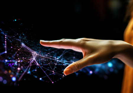 Generative AI : Metaverse Virtual TechnologyWoman hand holding global network connection Internet communication Wireless connection technology Futuristic technology with polygonalの素材