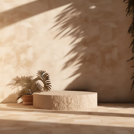 Generative AI : Minimal product placement background with palm shadow on plaster wall Luxury summer architecture interior aesthetic Creative product platform stage mockupの素材