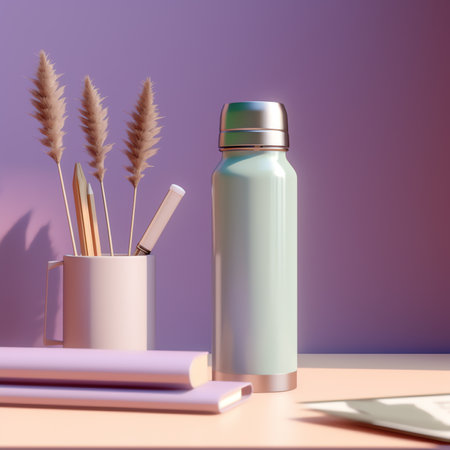 Generative AI : Mock up of white desktop with electronic devices stationary items cup of tea copybook and decorative green plant over pinkish wall Minimalistic modern workplace ofの素材