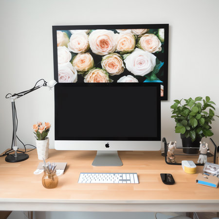 Generative AI : Modern computer on table in office interior Stylish workplaceの素材