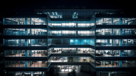 Generative AI : Modern business office building at nightの素材