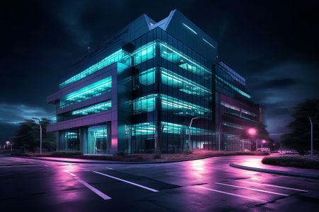 Generative AI : Modern business office building at nightの素材