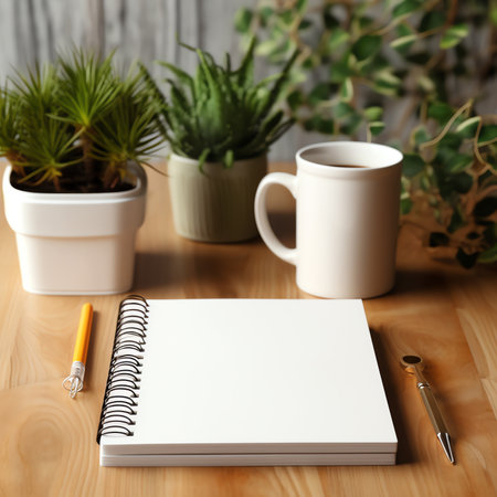 Generative AI : Mock up of white desktop with electronic devices stationary items cup of tea copybook and decorative green plant over pinkish wall Minimalistic modern workplace ofの素材