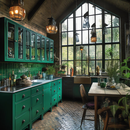 Generative AI : Modern retrostyle kitchen with green cabinets and brick wallsの素材