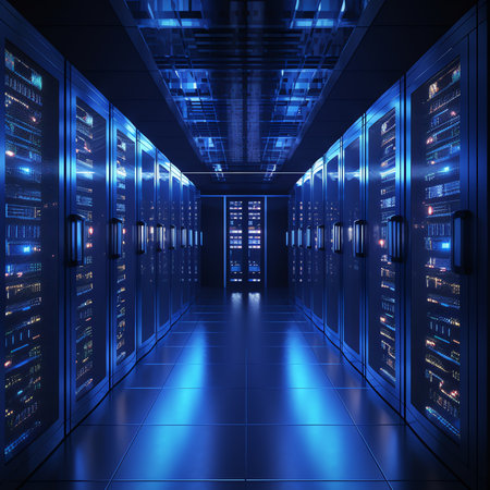 Generative AI : Modern web network and internet telecommunication technology big data storage and cloud computing computer service business concept server room interior in datacentの素材