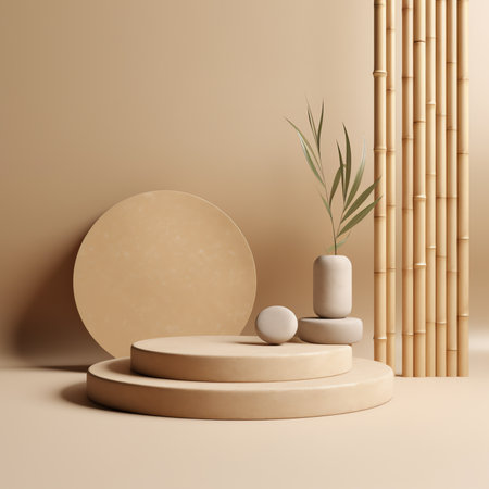 Generative AI : Natural stone podium for beauty and spa cosmetic brand display on brown background wall with plant shadow Luxury granite material and neutral aesthetic interior sceの素材