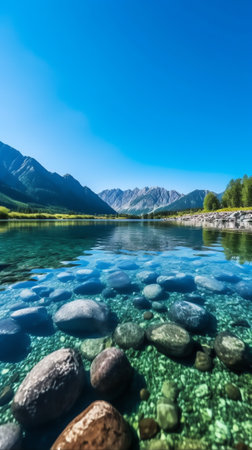 Generative AI : Mountain landscape picturesque mountain lake in the summer morning large panorama Altaiの素材