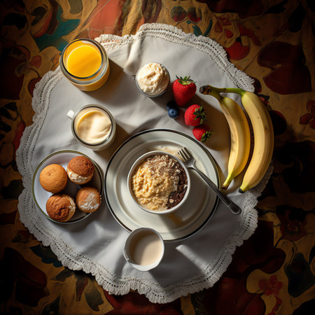 Generative AI : Morning healthy nutrition diet frame with oatmeal porridge fruits mineral water and measuring tape Perfect breakfast before workoutの素材