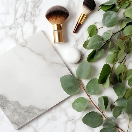 Generative AI : Natural eco beauty Cosmetic products and green leaves on white background top view banner Natural organic skincare spa healthy lifestyle conceptの素材