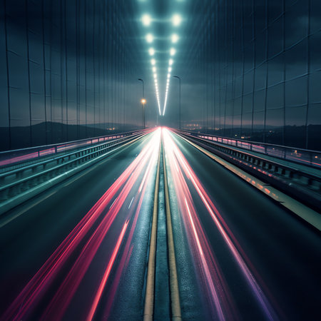 Generative AI : Night shining avenue with moving cars and lightsの素材