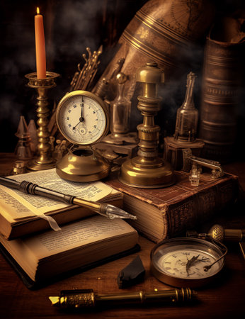 Generative AI : Old clock on background of old books an open book and a fountain pen in an inkwell lock as a symbol of time books are symbol of knowledge Concept on the theme of hiの素材