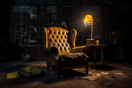 Generative AI : Old fashioned armchair with opened book and eyeglasses placed near boots and retro vinyl record player on wooden floor in dark room illuminated by lamp lightの素材