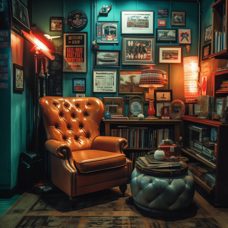 Generative AI : Old fashioned armchair with opened book and eyeglasses placed near boots and retro vinyl record player on wooden floor in dark room illuminated by lamp lightの素材