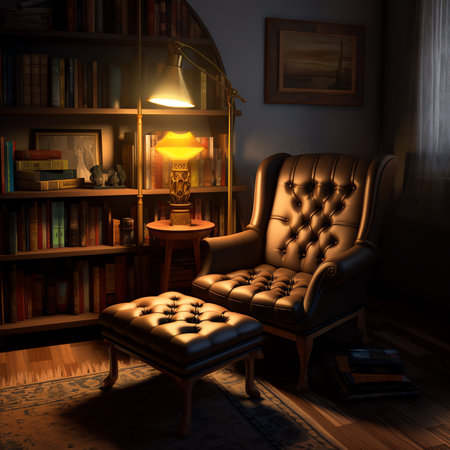 Generative AI : Old fashioned armchair with opened book and eyeglasses placed near boots and retro vinyl record player on wooden floor in dark room illuminated by lamp lightの素材