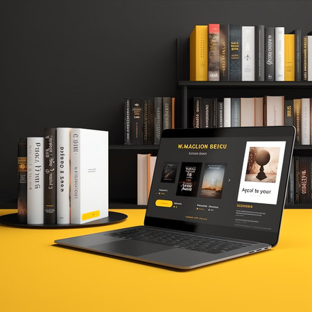 Generative AI : Online learn library Laptop as a Book connected to a computer mouseの素材