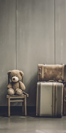 Generative AI : Old vintage teddy bear and old leather suitcase bygones and memorabiliaの素材