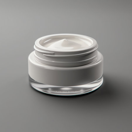 Generative AI : Open jar with cosmetic cream flying on white background Levitation Body care creative conceptの素材