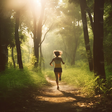 Generative AI : One woman seen from behind running on a trailの素材