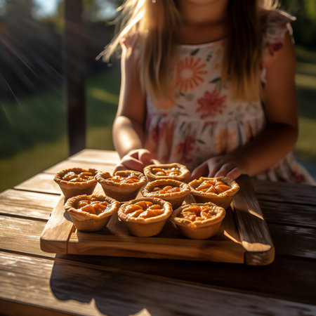 Generative AI : Orange zesty homemade artisan tarts on wooden boardの素材