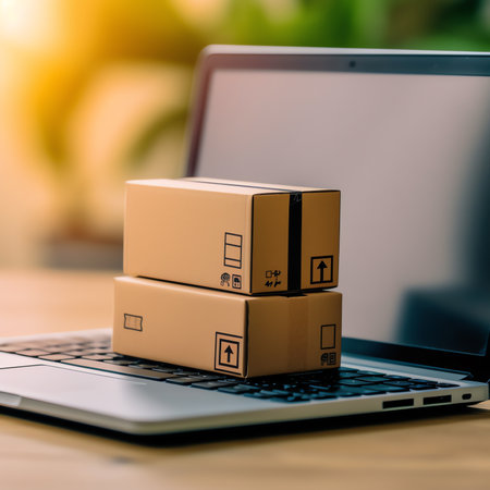 Generative AI : Online shopping ecommerce and customer experience concept Boxes with shopping cart on a laptop computer keyboard depicts consumers buyers buy or purchase goods andの素材