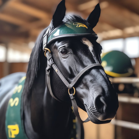 Generative AI : One horse standing in trailer waiting for competition Summertime outdoors horizontal imageの素材