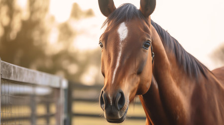 Generative AI : One horse standing in trailer waiting for competition Summertime outdoors horizontal imageの素材