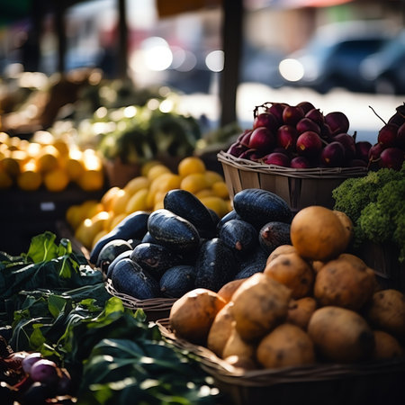 Photo pour Generative AI : Organic fresh produce at the weekly farmers market downtown A variety of locally grown yellow potatoes red potatoes ginger cucumbers carrots butternut squash lettuc - image libre de droit