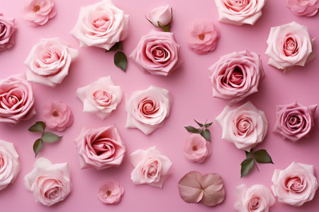 Generative AI : Overhead view of pink roses flowers petal natural cosmetic conceptの素材